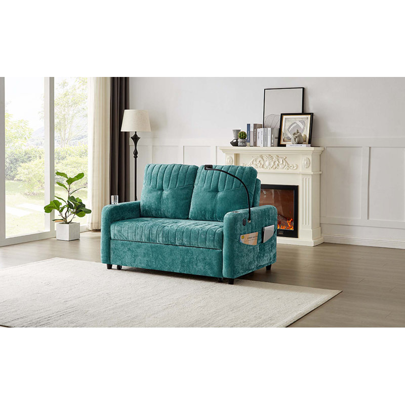 53.9" Modern Loveseat Pull-out Sofa Bed with Adjustable Backrest,Two Cup Holders,a Phone Holder,Three Charging Ports and Side Storage Pockets for Living Room