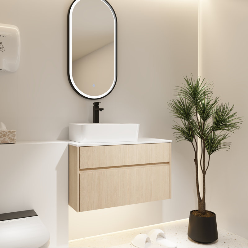 Meuble-lavabo mural 32 po avec tiroir à fermeture en douceur et lavabo en céramique, Chêne blanc