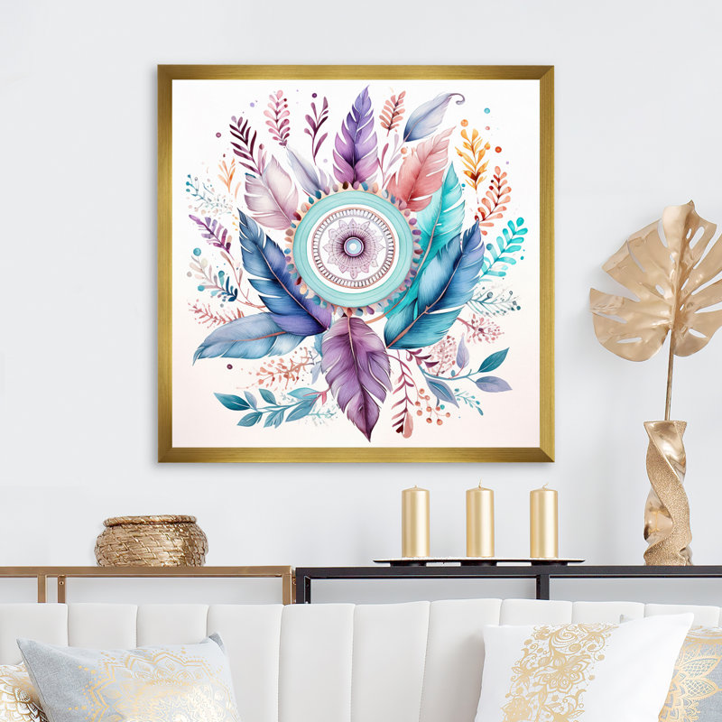 Attrape-rêves pastel turquoise Boho sur toile, Cadre doré à une seule photo, H 16 po x l 16 po x P 1 po