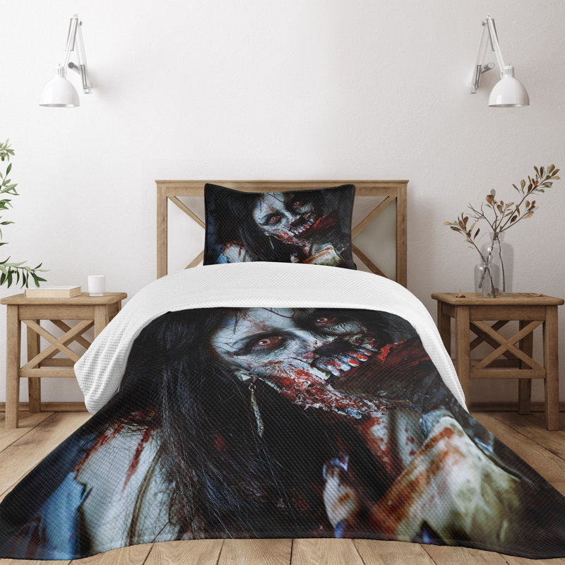 Twin White Quilted Zombie Bedspread Set with Pillow Sham