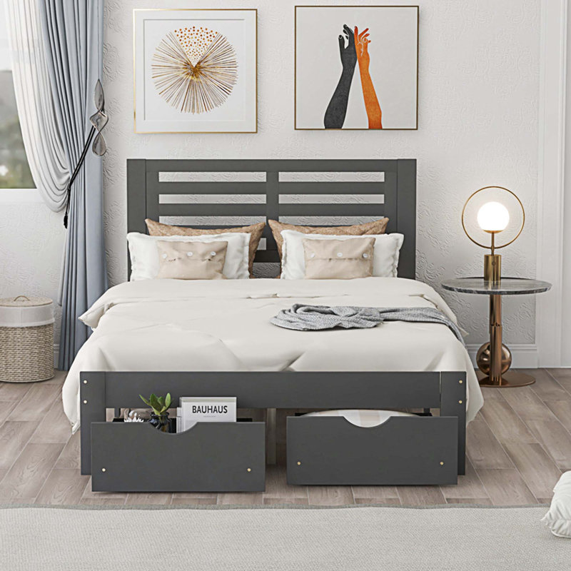 Lit plateforme double avec rangement, gris