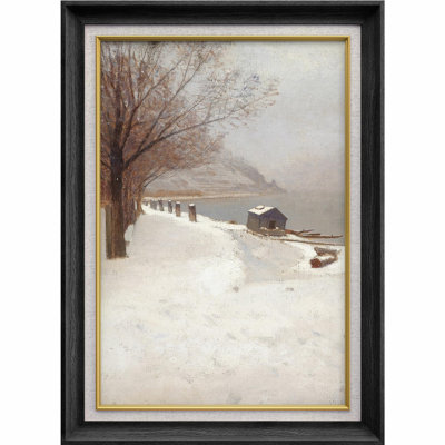 Winter Countryside Cottage Lake, reproduction d'art encadrée