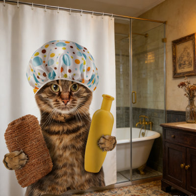 Rideau de douche drôle de chat, rideau de salle de bain animal mignon en polyester imperméable avec 12 crochets, 71 x 71 pouces, impression de chat ludique pour la décoration de salle de bain