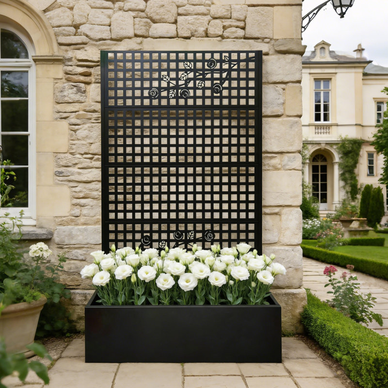 Lit de jardin surélevé en métal avec treillis et écran d'intimité, boîte à fleurs galvanisée de 71 pouces, noir