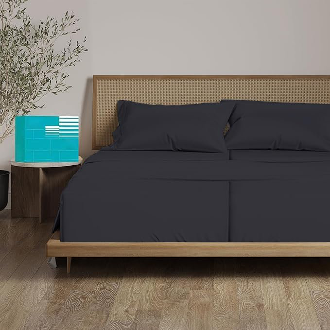 Ensemble de draps 5 pièces pour grand lit double divisé, 100% coton égyptien à densité de tissage 800, draps ajustables à poche profonde de 18 po, noir uni