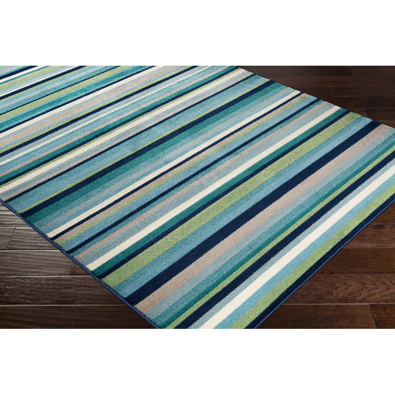 Tapis rayé bleu sarcelle / vert Bolivar, Rectangle 2 pi 2 po x 7 pi 7 po