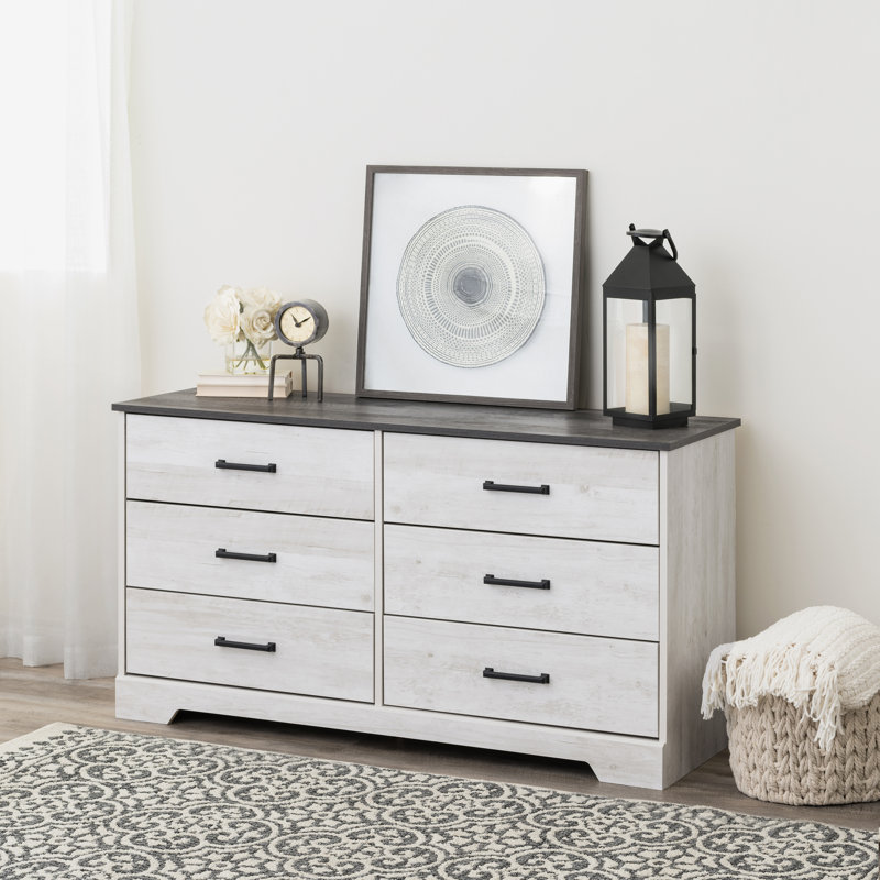 Commode double 6 tiroirs l 53,25 po Yazeed, commode de ferme, Strage pour chambre à coucher, bureau, salon, l 53,25 po x H 28,5 po x P 18,25 po, blanc délavé