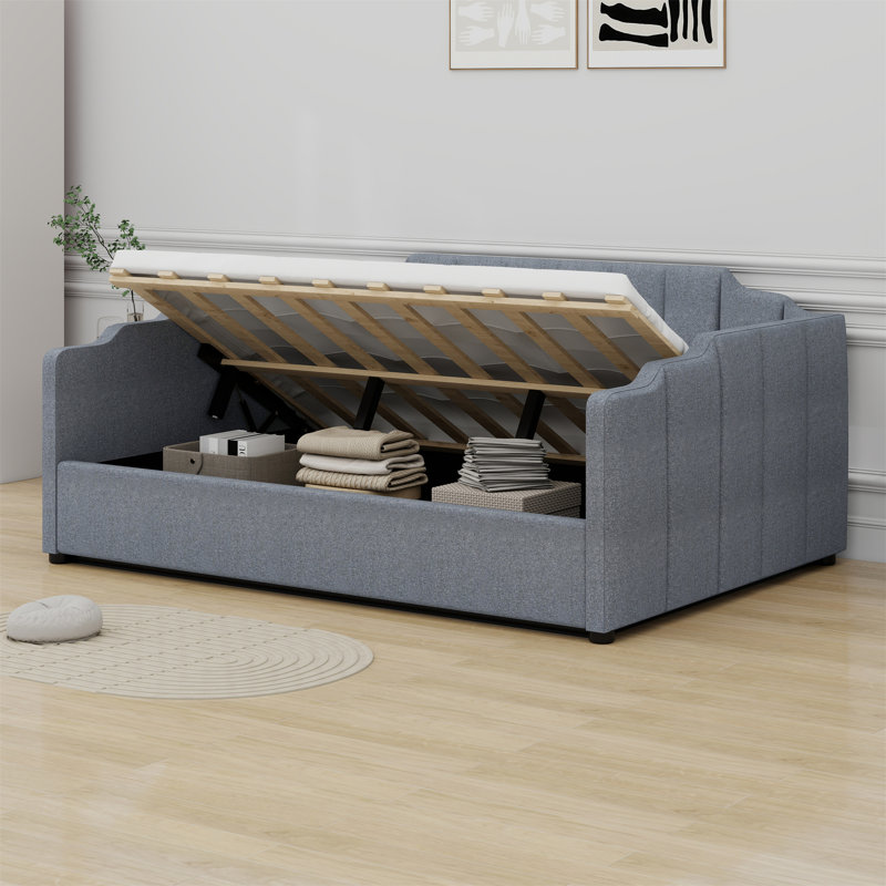 Lit de jour rembourré avec rangement inférieur, Gris, Lit double