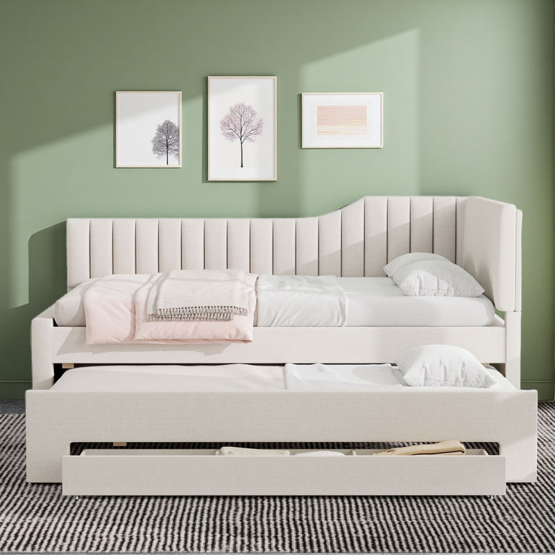 Upholstered Daybed With Trundle And Three Drawers, Beige, Full/Double