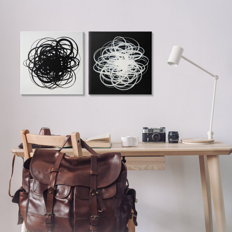 «Black & White Tangled Lines», ensemble de 2 toiles murales par Haxton, H 17 po x l 17 po