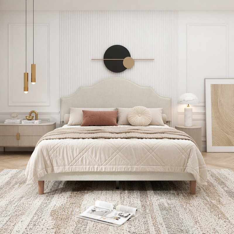 Lit plateforme tapissier avec tête de lit réglable, rembourrage en tissu de lin, Grand, Beige