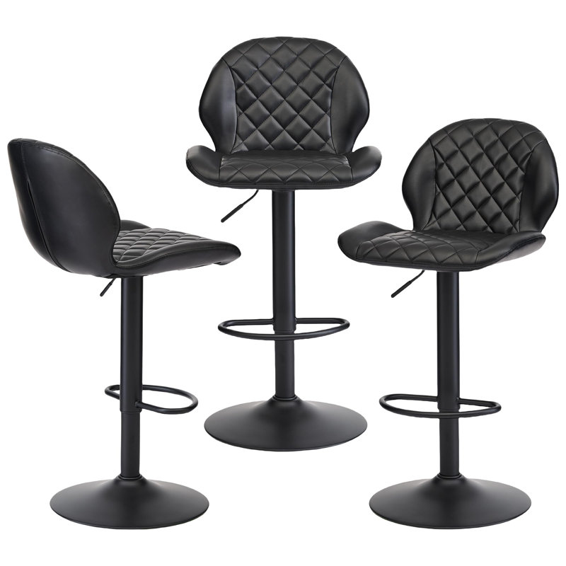 Adjustable Swivel 24"-33" Height Rhombus Faux Leather Bar Stools with Back for Kitchen Island, 3, Black