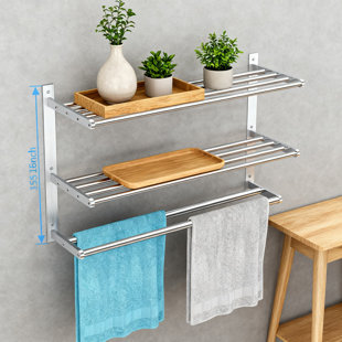 Porte-serviettes mural à 3 niveaux avec barre à serviettes double, tablette de salle de bain en acier inoxydable pour le rangement et l'organisation des serviettes