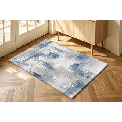 Tapis d'intérieur moderne en velours antidérapant à motifs abstraits bleus, gris et blancs, idéal pour le salon, la chambre à coucher, l'entrée, la cuisine, le balcon ou un appartement.