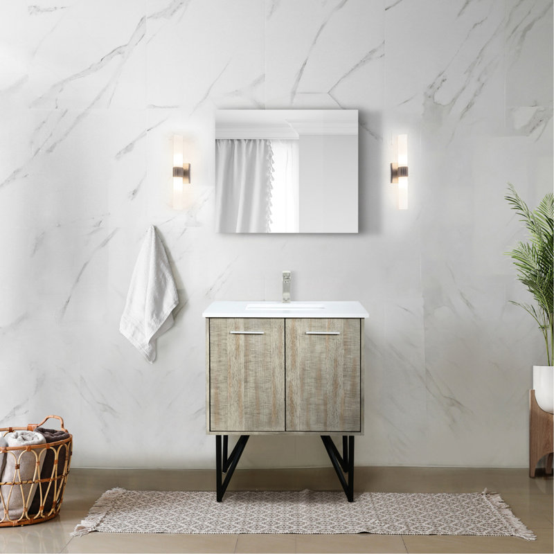 Meuble-lavabo rustique 30 po L, P 20 po, comptoir en quartz blanc, robinet en nickel brossé et miroir mural suspendu de 28 po de large avec grattoir - inclus