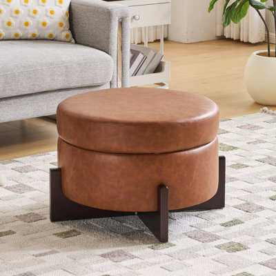 26 Inch Round Storage Ottoman, Modern Leather Ottoman Coffee Table With Removable Top, Upholstered Ottoman With Storage, Footrest Stool For Living Room, Bedroom (light Brown)
