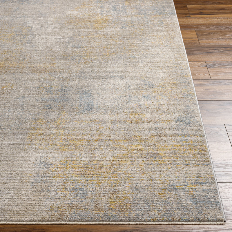Tapis beige / ardoise / or en polyester tissé à la machine à motif abstrait Pys, Rectangle 12 pi x 15 pi