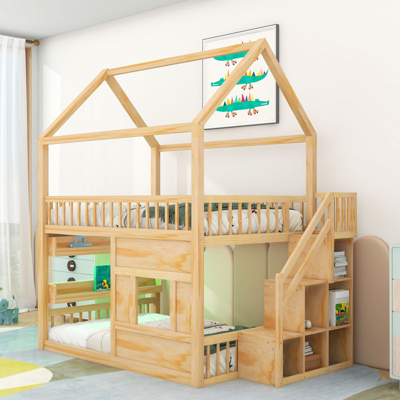 Lit superposé en bois avec DEL intégrées et escalier robuste, Naturel