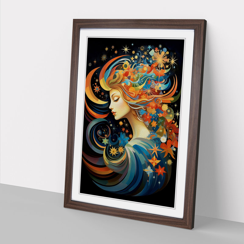 XYZ-FRM-V1223-6385 Virgo Zodiac Orphism No.2 - Single Picture Frame Print on Wood, 46cm H x 34cm W x 2cm D, Walnut 