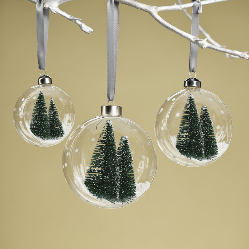 Set of 6 Glass with Pine Trees Ball Ornament, Green, 3.25" H x 3.25" W x 3.25" D