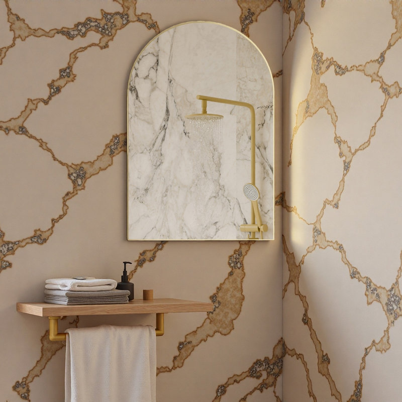 Armoire à pharmacie de coin en métal avec miroir arqué, tablettes en verre réglables, rangement de salle de bain peu encombrant pour les petits espaces