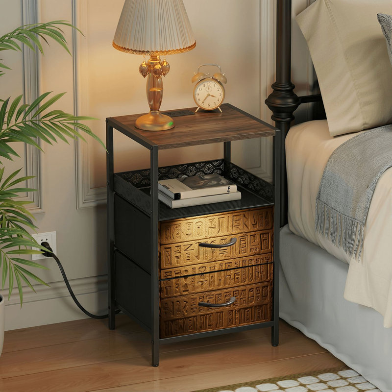 Table de chevet 2 tiroirs avec station de charge, table de chevet de chambre à coucher avec ports USB et prises ouvertes - tablette noire