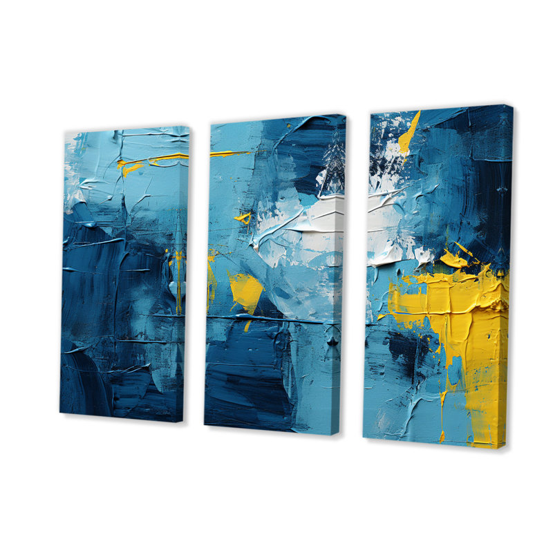 "Bliss Of Happiness" en jaune et bleu II sur toile, 3 pièces, H 40 po x l 60 po x P 1 po