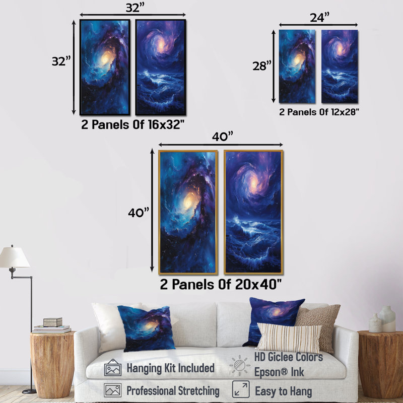 Ensemble de 2 pièces d'art mural galaxie spirale cosmique spirale mauve et bleu, H 28 po x l 24 po, Impression encadrée, Brun