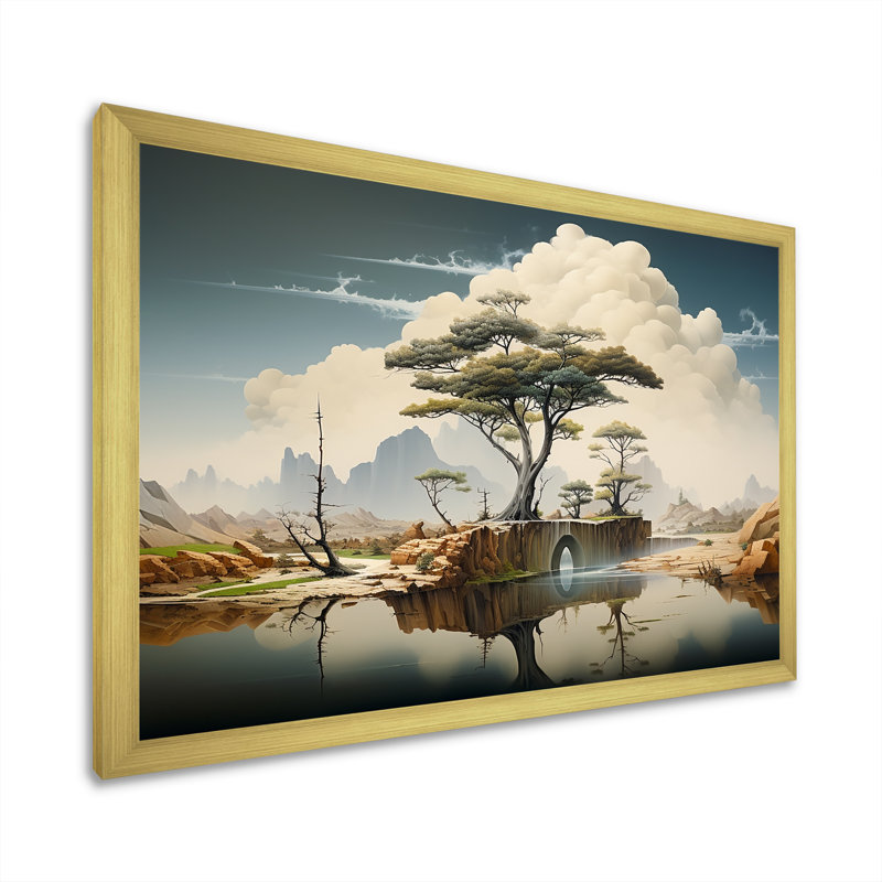 Surréalisme, paysage désertique I - art mural surréalisme, Cadre d'angle fermé doré, H 12 po x l 20 po x P 1 po