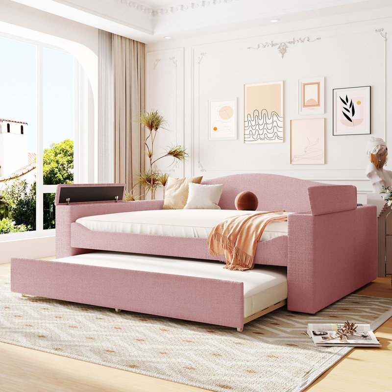 Lit de jour rembourré avec couchette, Double, Rose