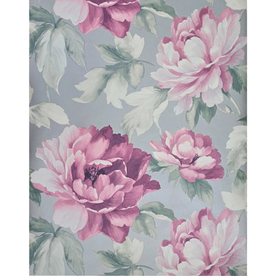 Papier peint floral fleurs métalliques argentées pivoines roses