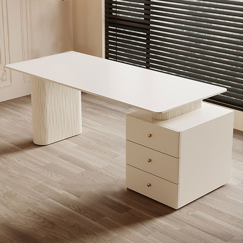 Bureau rectangulaire en pierre blanche + bois manufacturé + fer avec 3 tiroirs, H 29,53 po x l 55,12 po x P 31,5 po