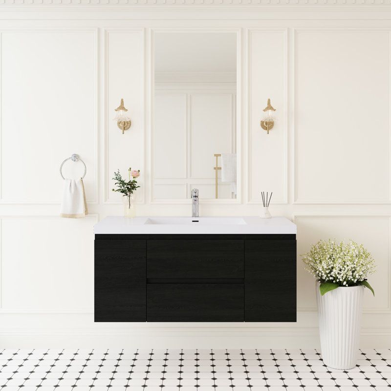 Meuble-lavabo mural de 48 po avec lavabo, bois, entièrement assemblé, comptoir en résine, dossier ouvert pour faciliter la plomberie
