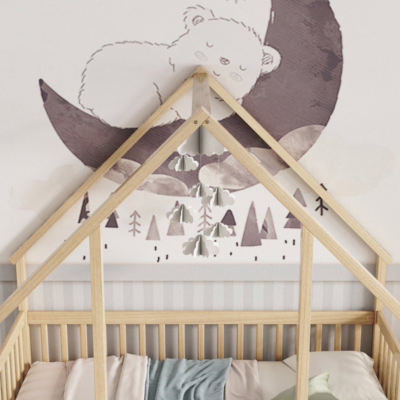 Full Wooden Frame Material House-Shaped Floor Bed Frame With Fence, Guardrails, Full, Brown
