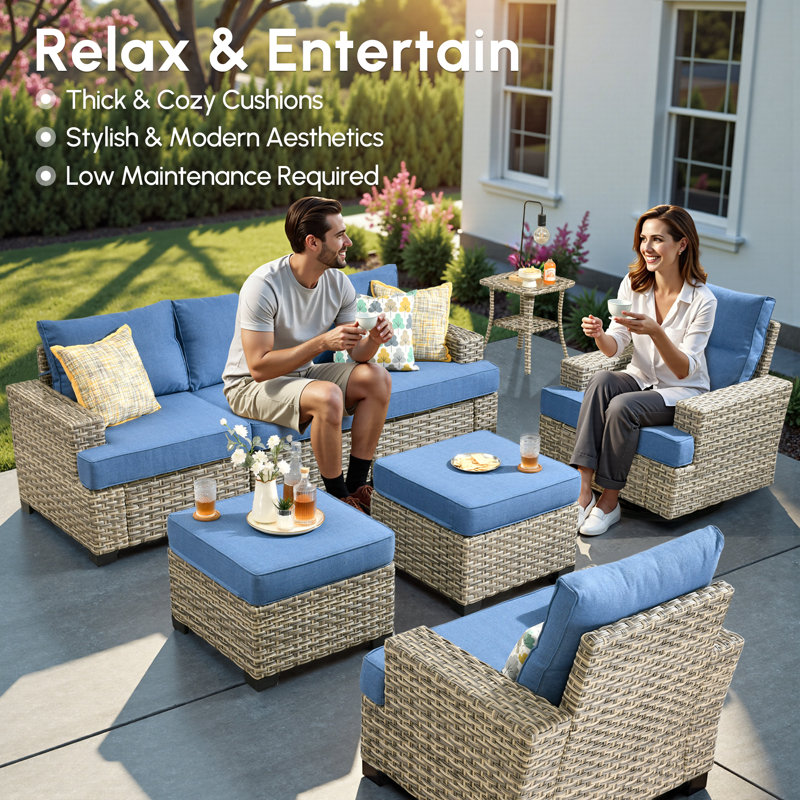 Ensemble de conversation d'extérieur pour 5 personnes avec coussins Outdoor, Bleu diamant