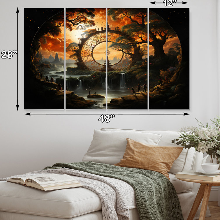 DesignArt Black Orange Buddhist Art Wheel Of On Canvas 4 Pieces Print ...