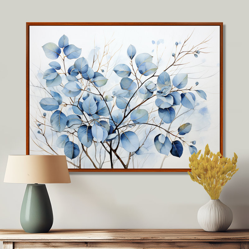 Art mural bleu et gris avec feuilles sur une branche III - feuilles, H 24 po x l 32 po x P 1 po, Cadre flottant brun
