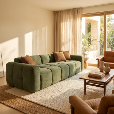 98.4" Extra Large Compression Sofa, Corduroy Cloud Puff Couch for Living Room, 4-Seater Upholstered Sofa with 2 Pillows, Vacuum Packed Easy to Move for Small Space, Apartment, Studio