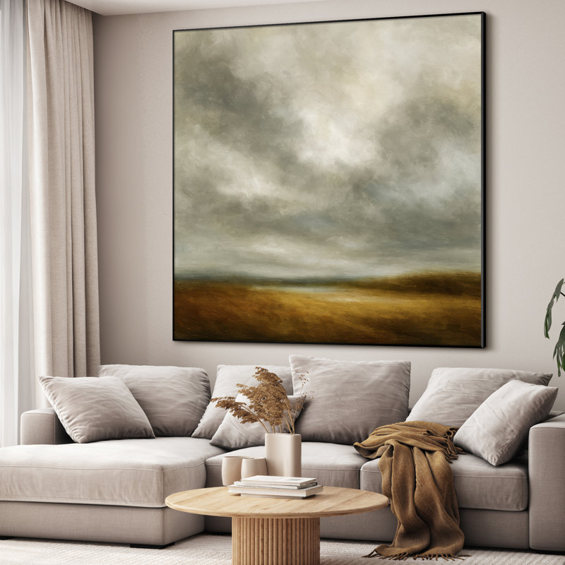 Très grande reproduction d'art sur toile - Paysage dramatique nuageux neutre beige et gris, rétro, décoration d'art pour le salon ou la chambre à coucher - «Assemblage requis du cadre (cadre non fini)»