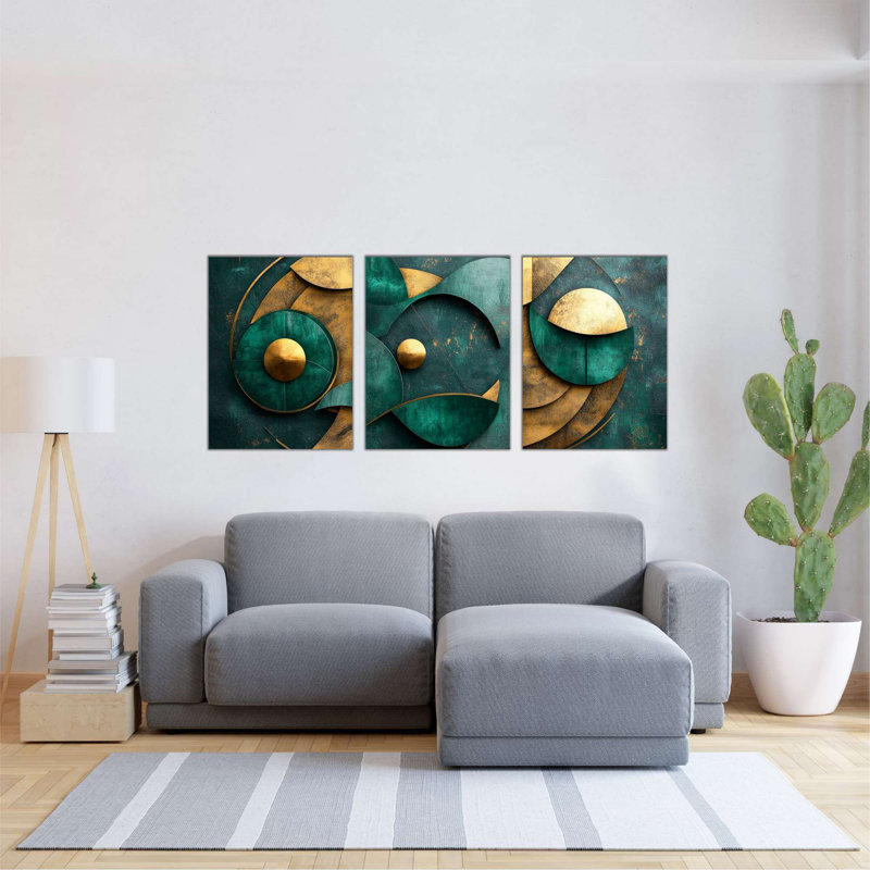 3 Piece Emerald And Gold Abstract Geometric MDF Wall Decor Set