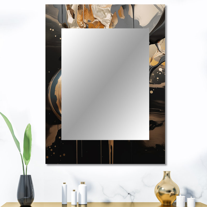 Or et marbre noir Mirage IV - miroir en marbre, miroir mural décoratif doré, impression d'art en métal, 40 po x 30 po