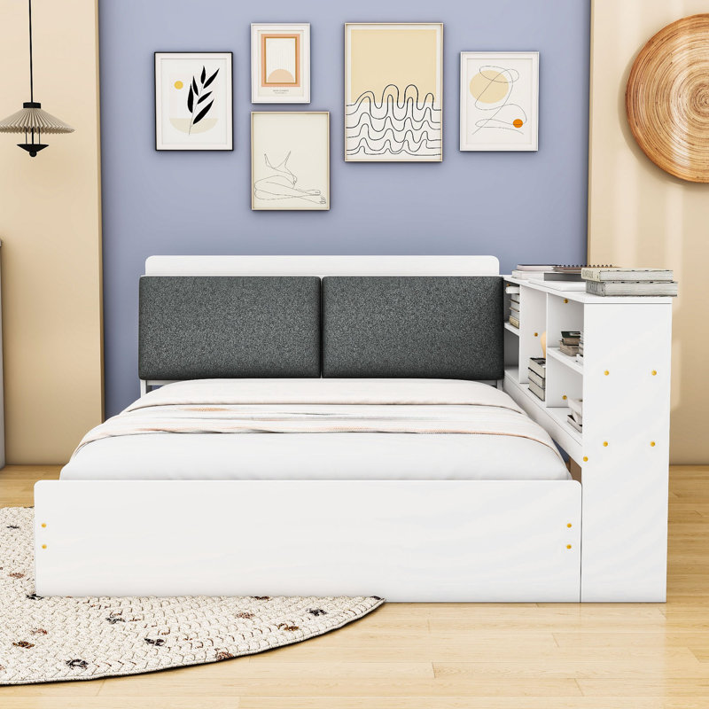 Lit plateforme double en bois avec tête de lit tapissier, rangement et tablette rotative, Blanc