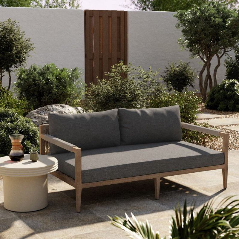 Sherwood Outdoor 2 - Seat Loveseat, Solid Wood, Gray Cushion/Brown/Gray Frame