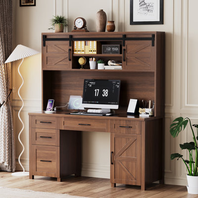 Farmhouse Executive Desk with Hutch & Charging Station – 5-Drawer Computer Desk with Sliding Barn Doors, Walnut