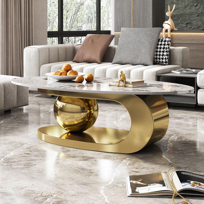 Luxury Oversize 49.2" Oval Coffee Table, Contemporary Centre Table, Marble Coffee Table Top with Oversized Sphere Support for Living Room, Stainless Steel Base 