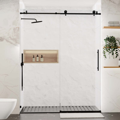 Porte de douche coulissante 56 - l 60 po x H 76 po, verre trempé de 5/16 po et 8 mm, noir mat, tampon, facile à nettoyer, mise à niveau fonctionnelle de la salle de bain, largeur ajustable, glamour