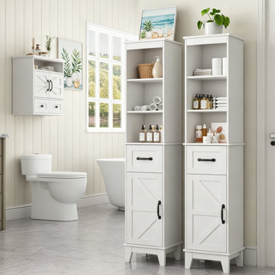Ensemble 3 pièces d'organisateur de salle de bain blanc ferme, armoire murale et ensemble de 2 armoires de rangement en lin étroites avec tiroirs et rangement fermé pour la salle de bain