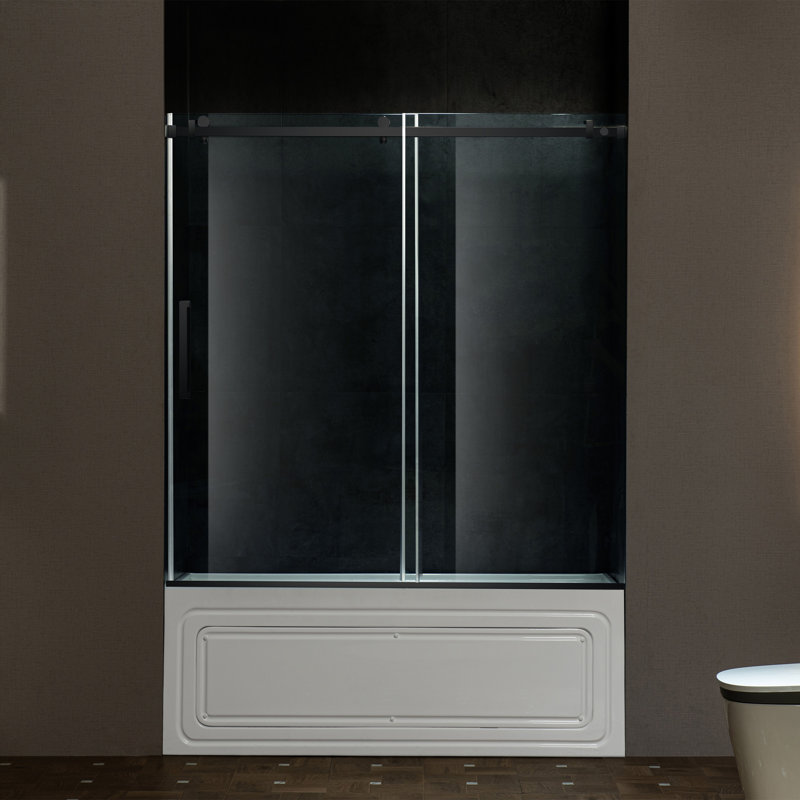 Frameless Single Sliding Shower Doors, 56-60" W X 62" H With 5/16" Clear Tempered Glass And Explosion-Proof Film, Matte Black