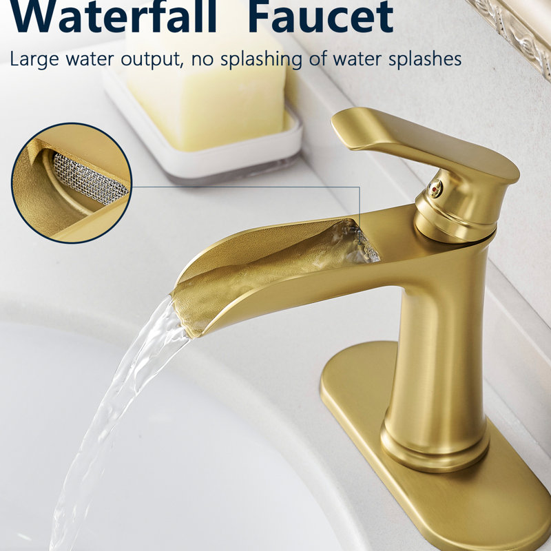 Bathroom Waterfall Basin Tap, Brushed Gold Finish, Deck Mounted, Side , Single Hole Deck-Mounted, Hole, Ceramic Filler, Gold