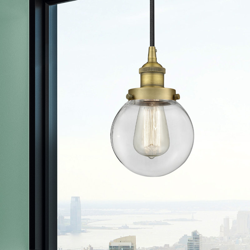 Luminaire suspendu simple à 1 lumière Frederick, H 9,5 po x l 6 po x P 6 po, Transparent, Laiton brossé